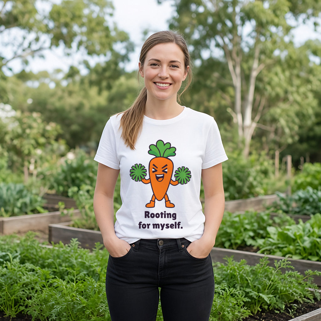 The Self-Motivated Carrot Tee in white, worn by a model