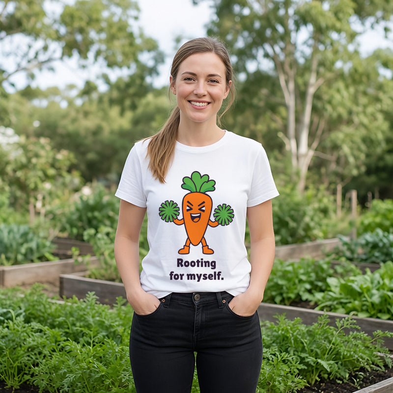 The Self-Motivated Carrot Tee in white, worn by a model
