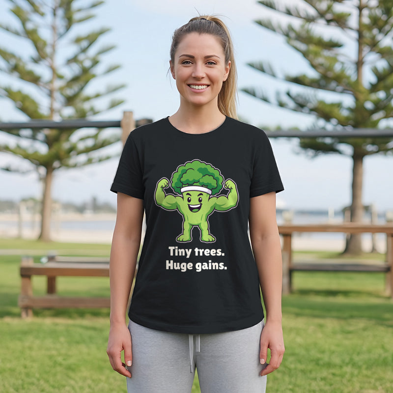 The Gym Broccoli Tee in black, worn by a model