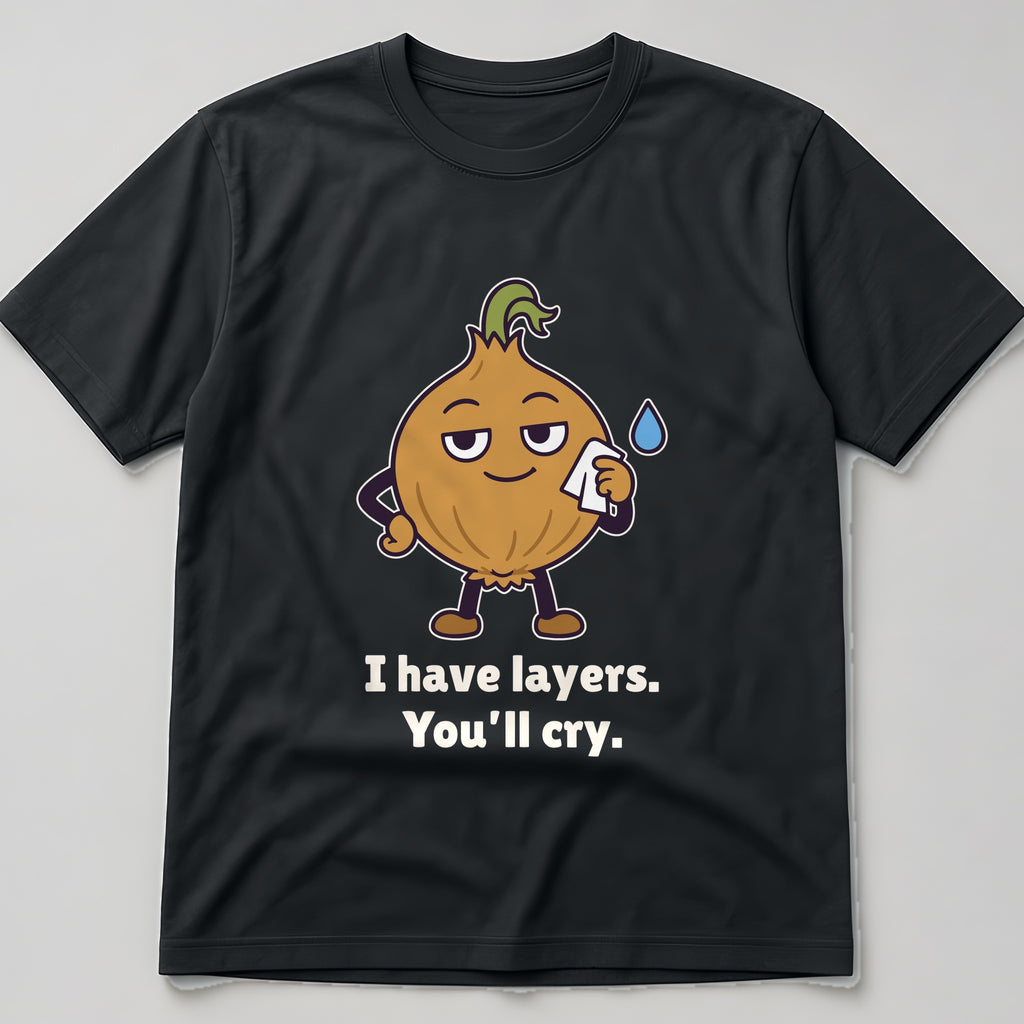 The Emotional Onion Tee in black, flat lay