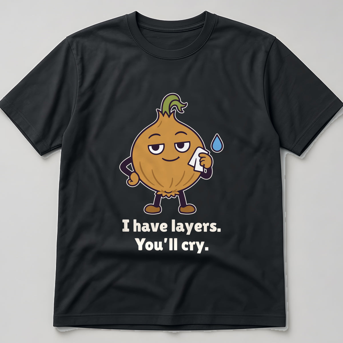 The Emotional Onion Tee in black, flat lay