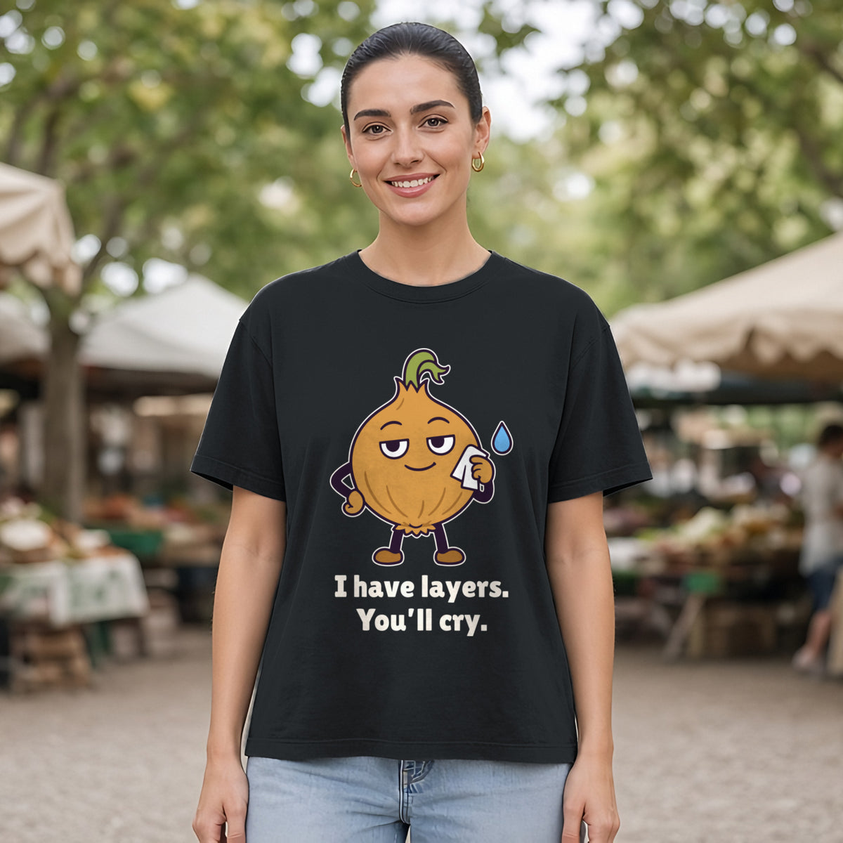 The Emotional Onion Tee – Black worn by a model