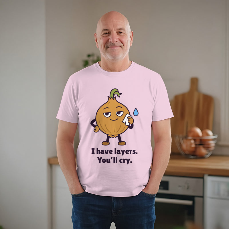 The Emotional Onion Tee in light pink, worn by a model