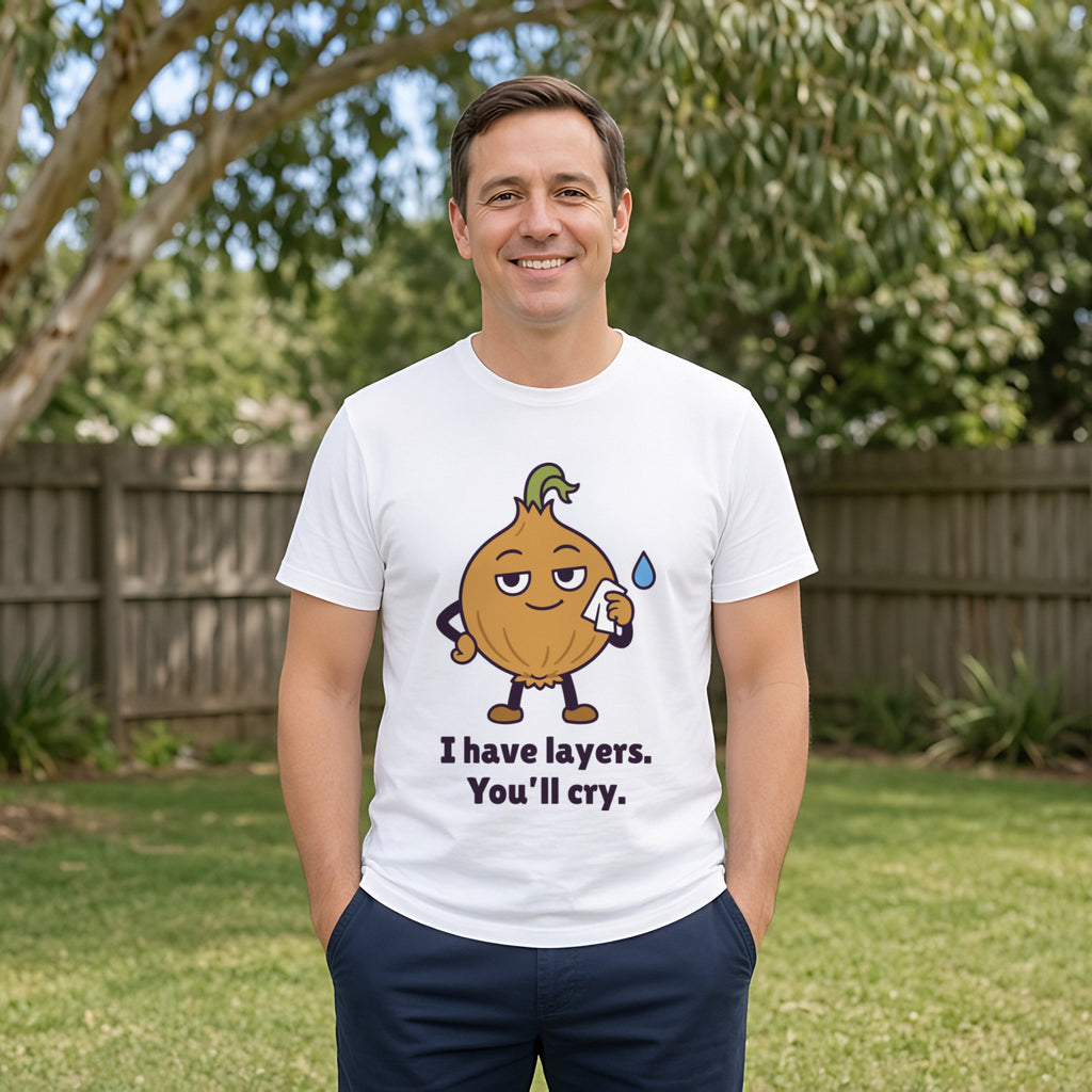 The Emotional Onion Tee – White worn by a model