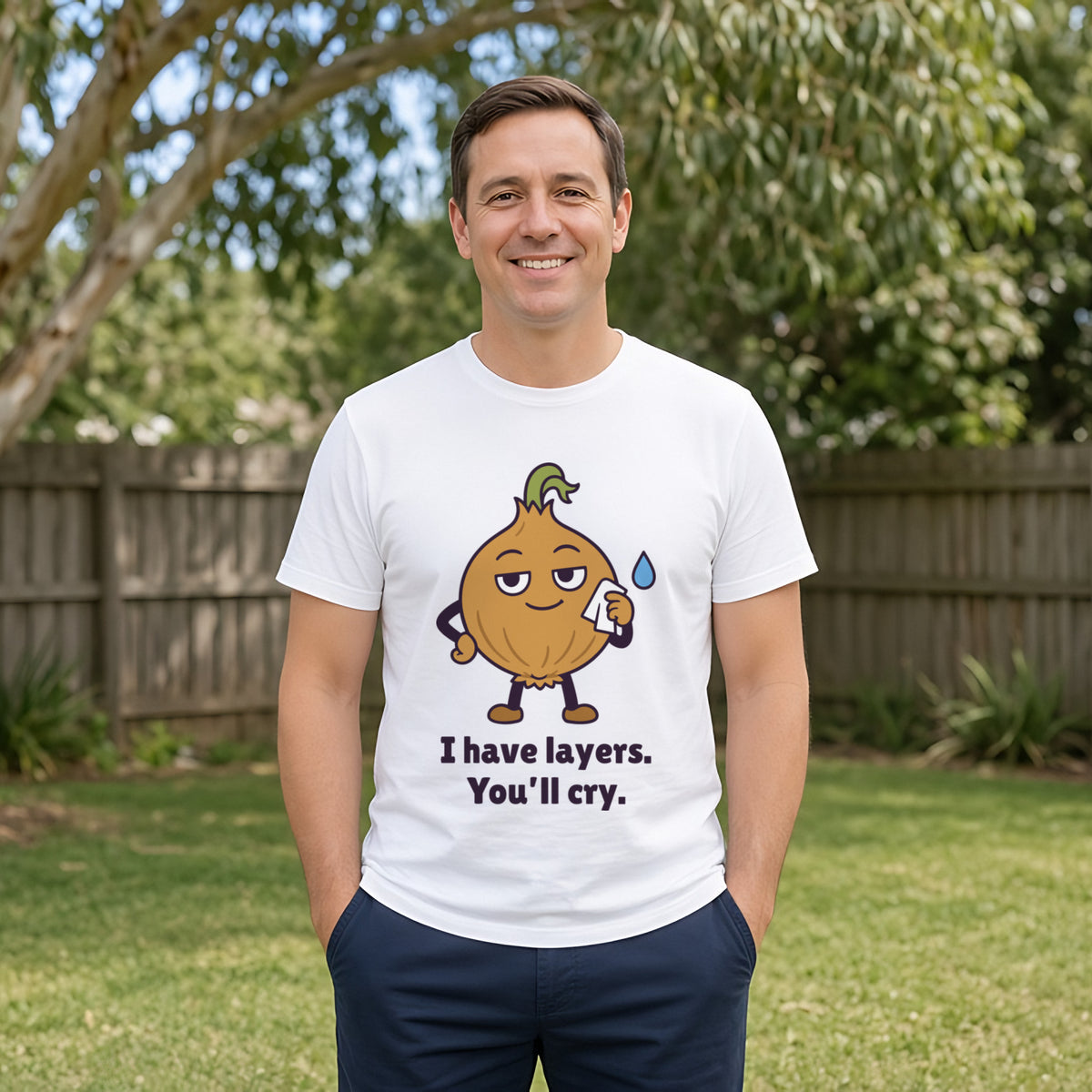 The Emotional Onion Tee – White worn by a model