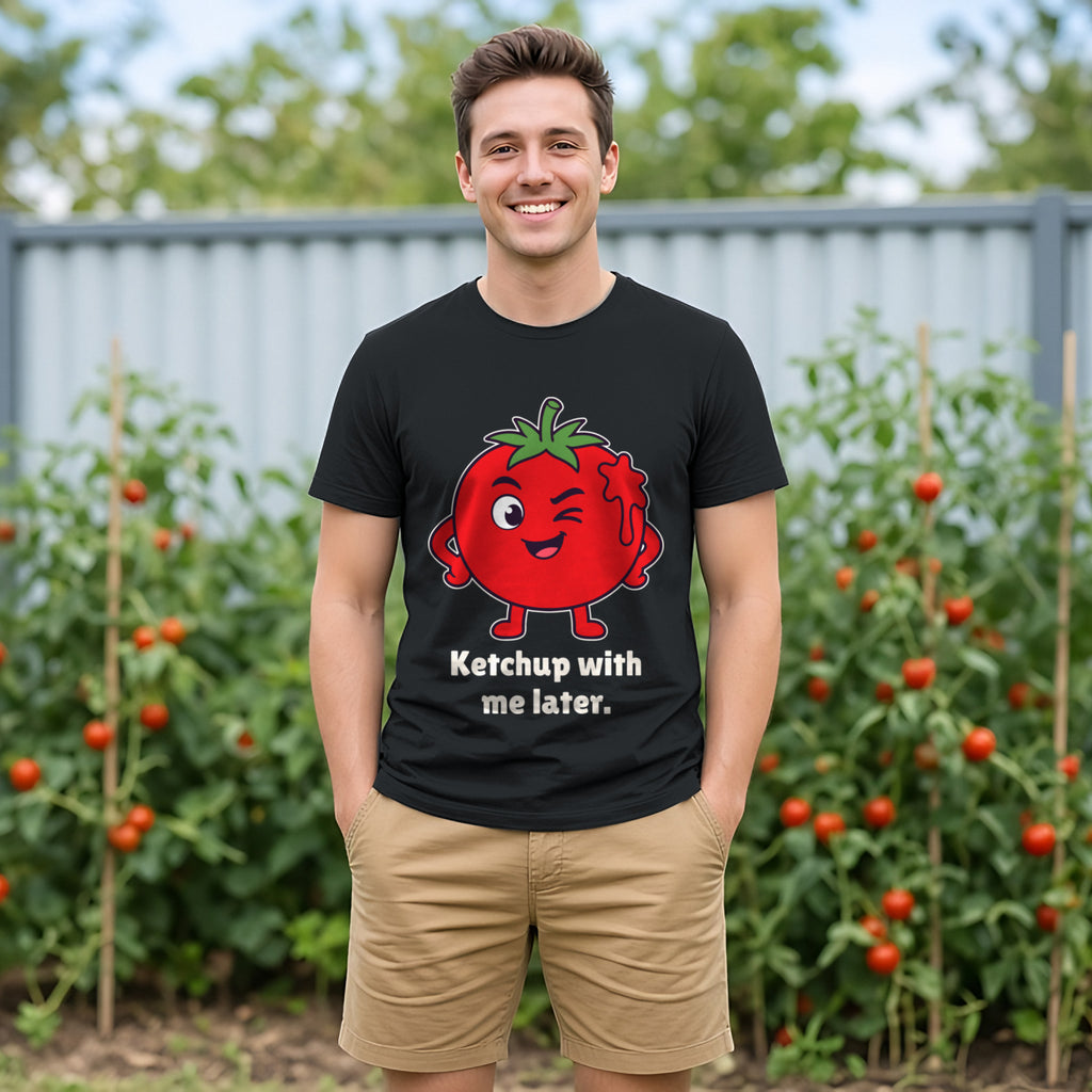 The Saucy Tomato Tee in black, worn by a model