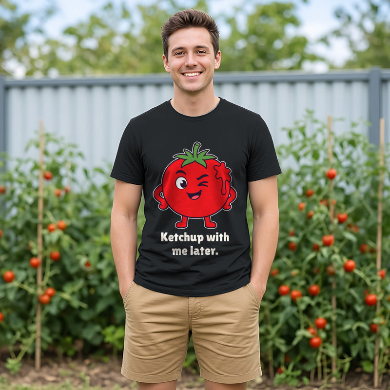 The Saucy Tomato Tee in black, worn by a model