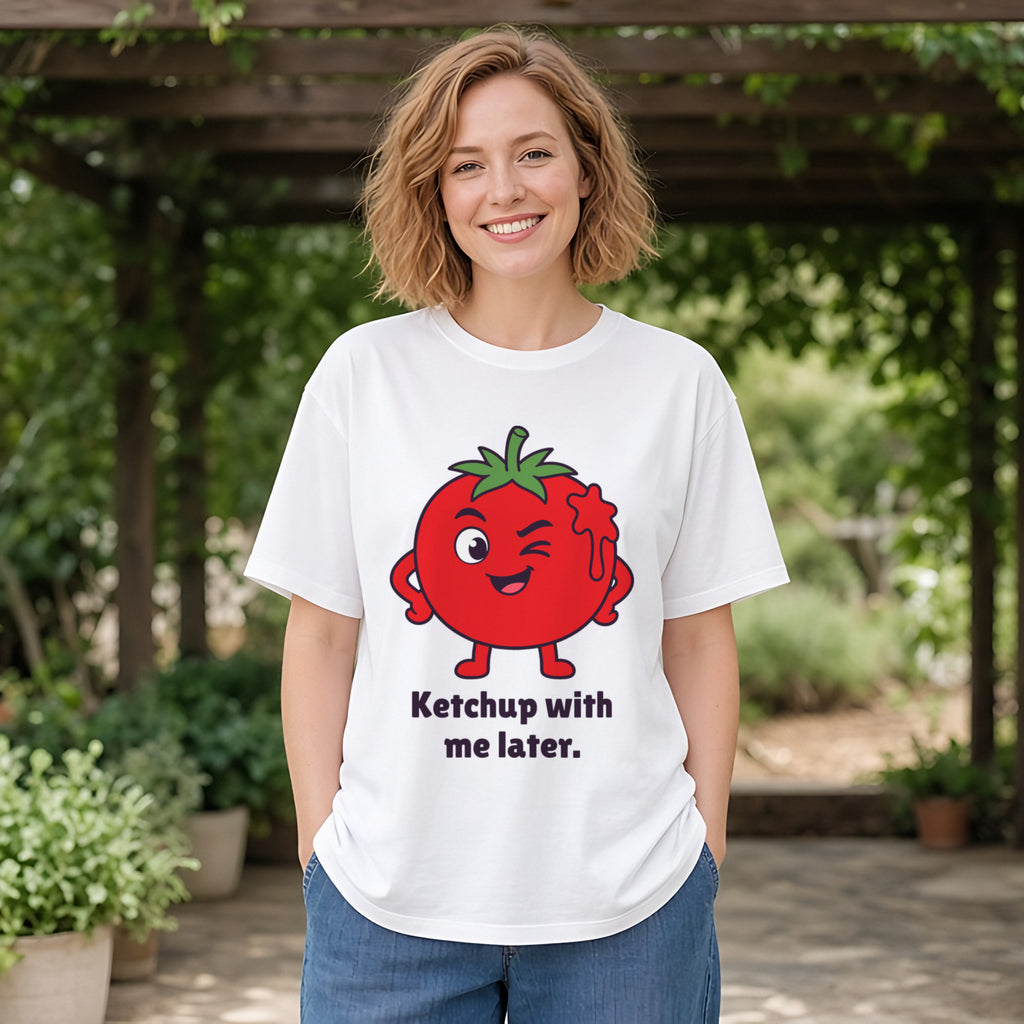 The Saucy Tomato Tee – White worn by a model