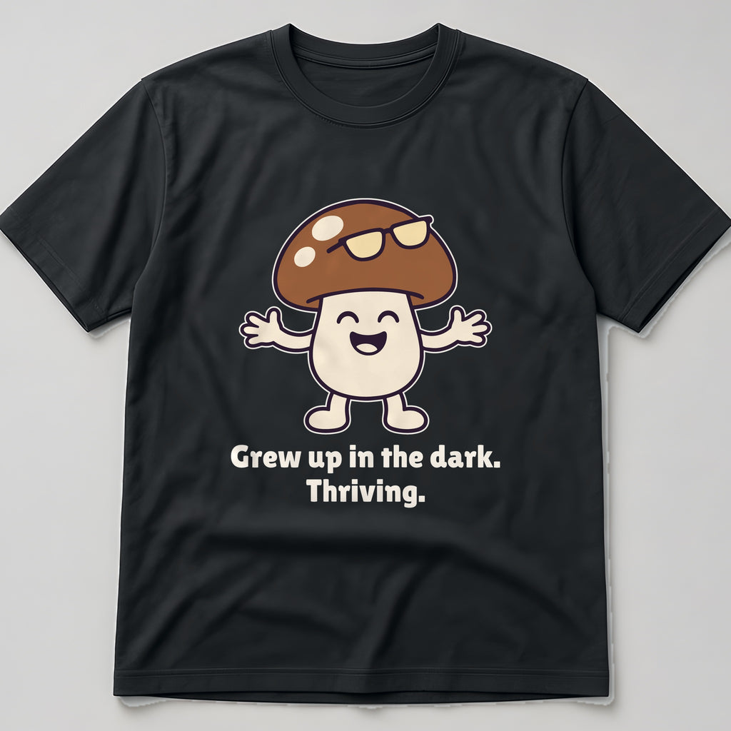 The Late-Bloomer Mushroom Tee in black, flat lay