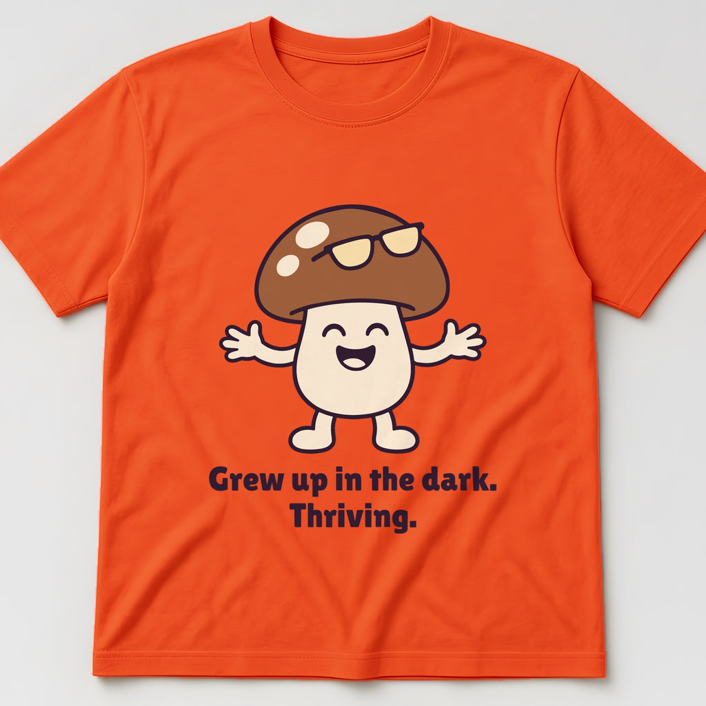The Late-Bloomer Mushroom Tee in orange, flat lay