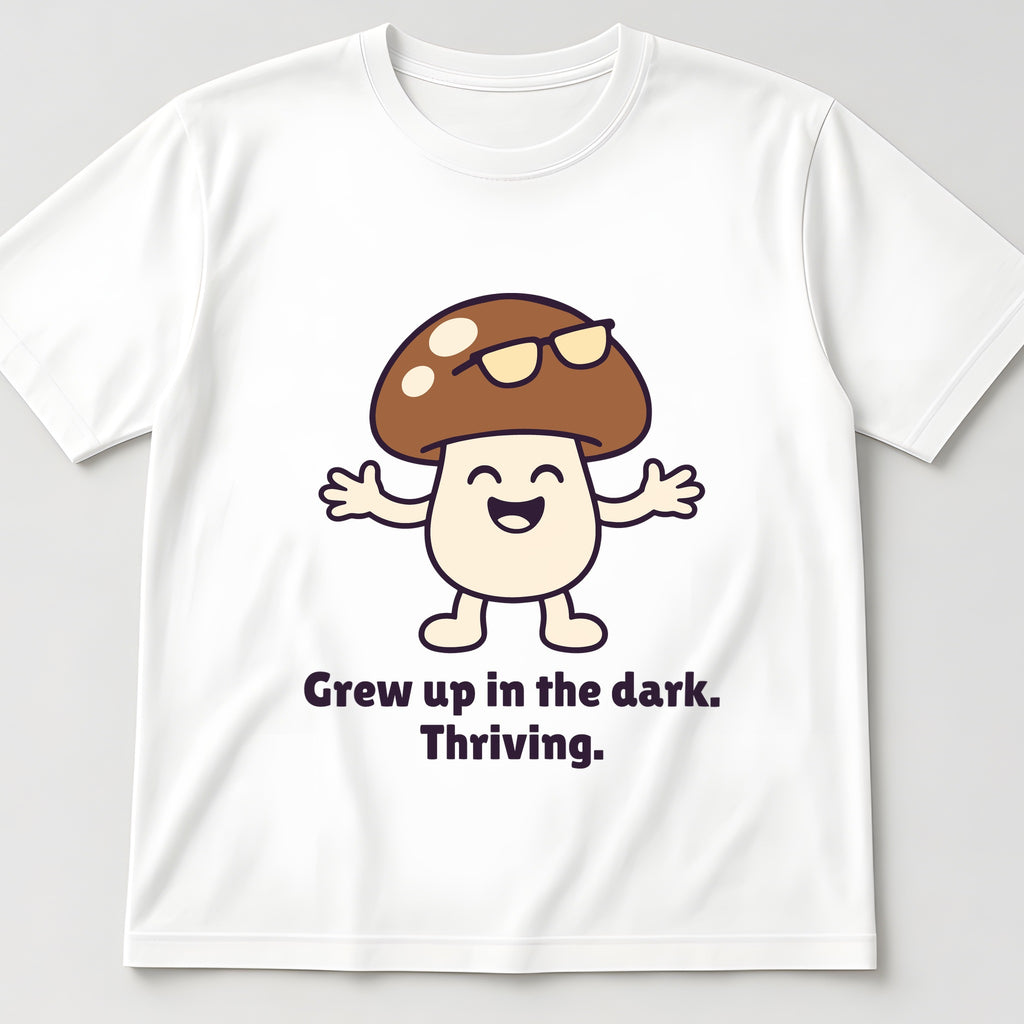 The Late-Bloomer Mushroom Tee in white, flat lay