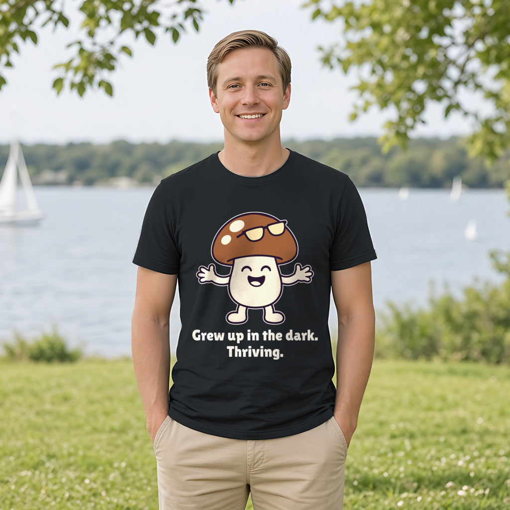 The Late-Bloomer Mushroom Tee – Black worn by a model