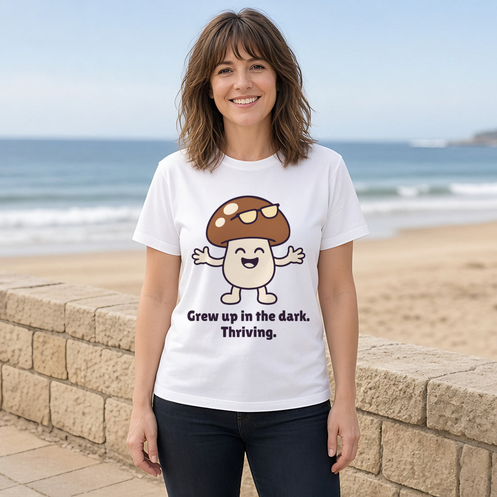 The Late-Bloomer Mushroom Tee – White worn by a model