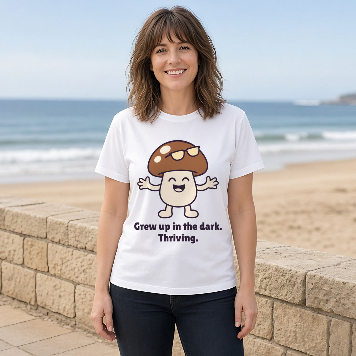 The Late-Bloomer Mushroom Tee – White worn by a model