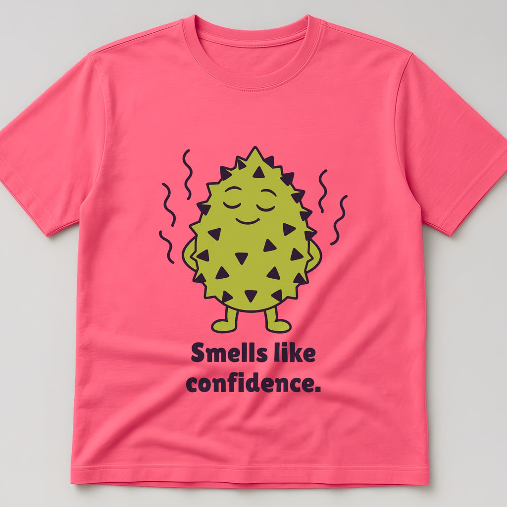 The Unbothered Durian Tee in coral silk, flat lay