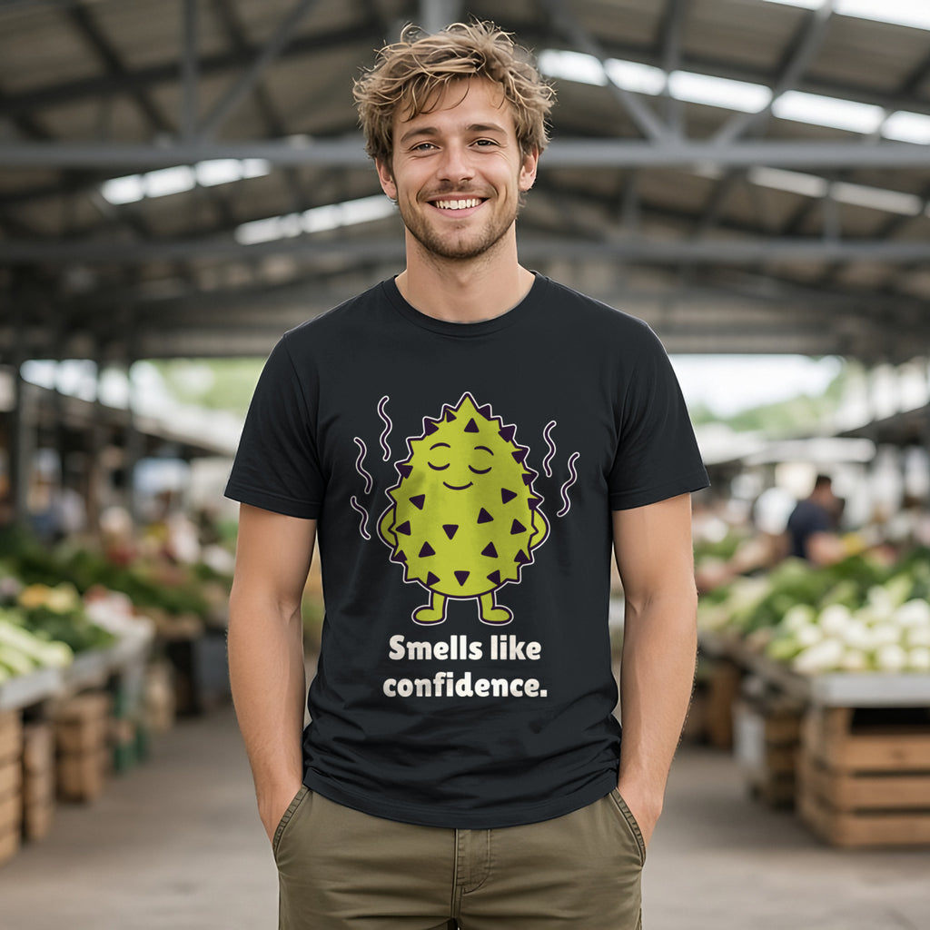 The Unbothered Durian Tee – Black worn by a model