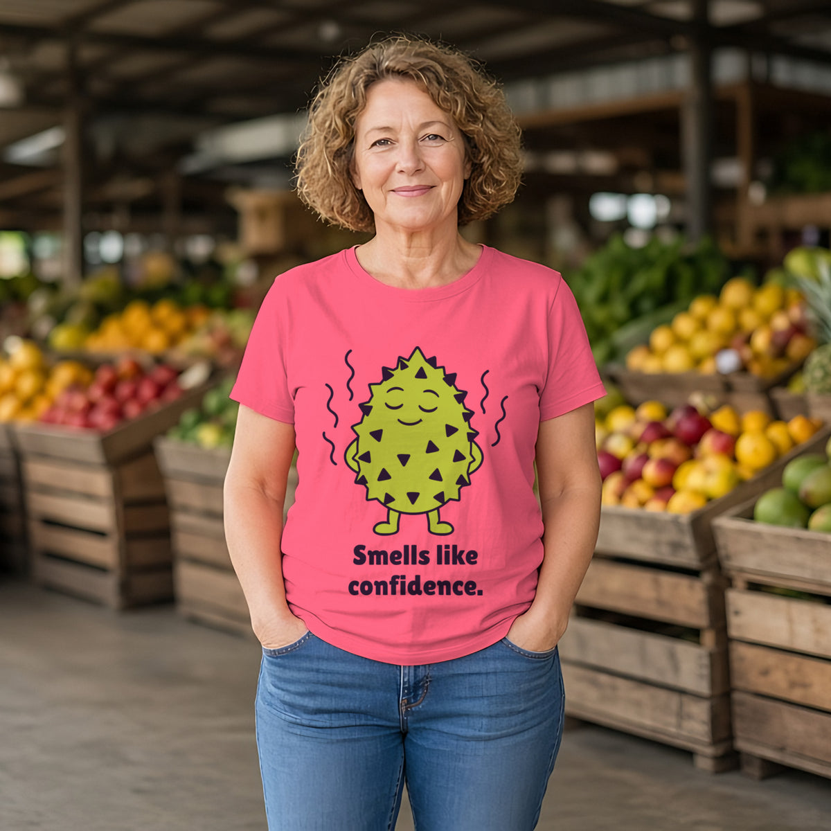 The Unbothered Durian Tee in coral silk, worn by a model