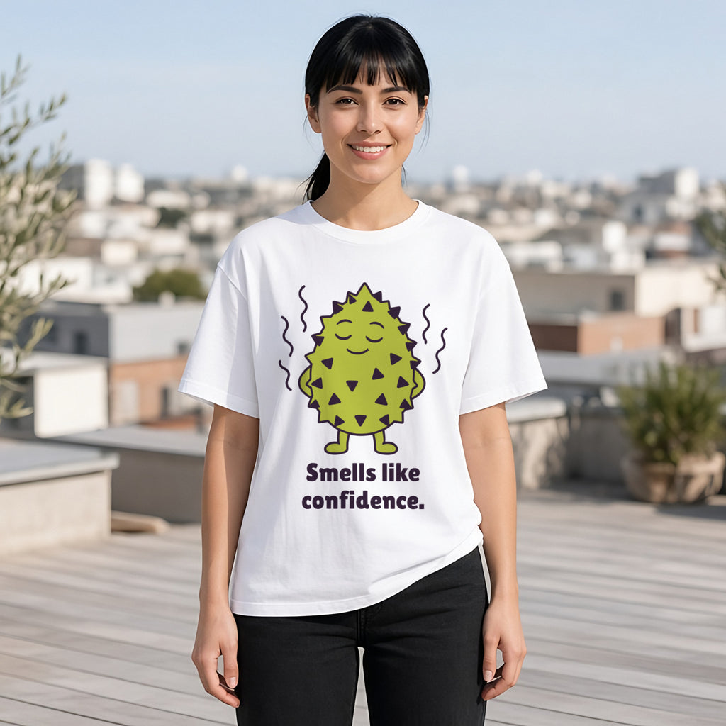The Unbothered Durian Tee – White worn by a model