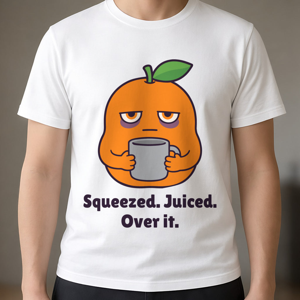 Close-up of the print on the white Squeezed Orange tee: a tired orange holding a mug above the words 'Squeezed. Juiced. Over it.'