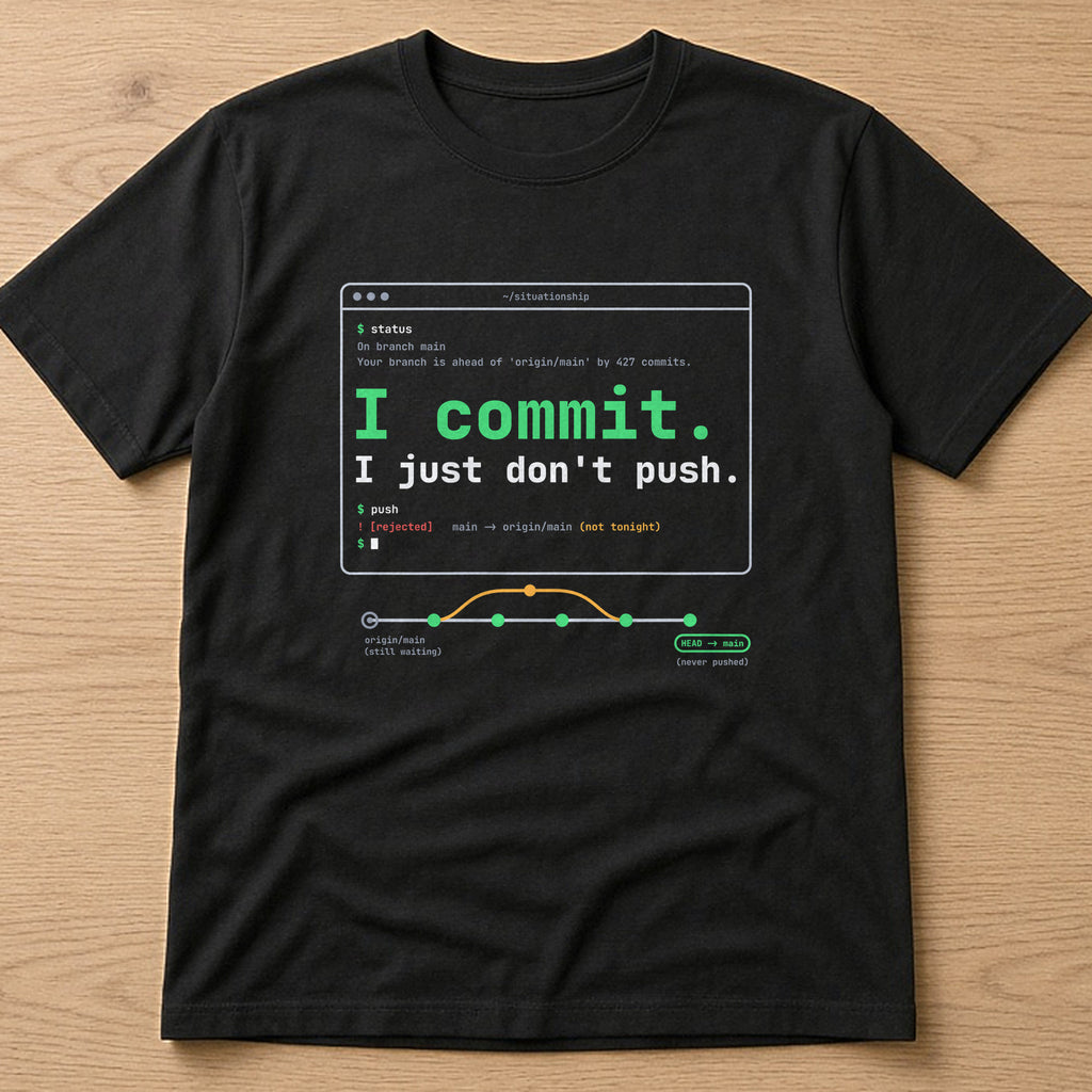 Black t-shirt, flat lay, printed with 'I commit. I just don't push.'