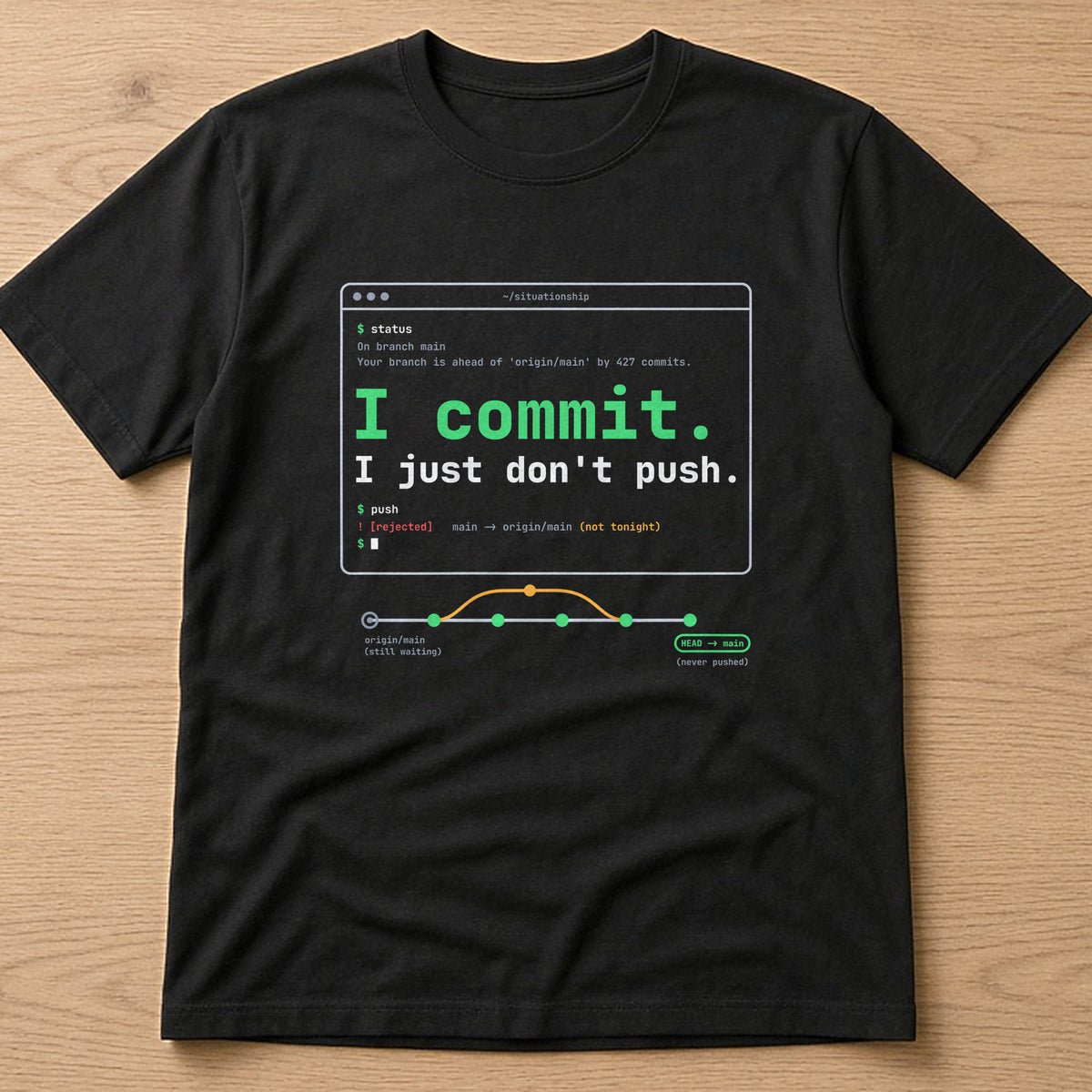 Black t-shirt, flat lay, printed with 'I commit. I just don't push.'