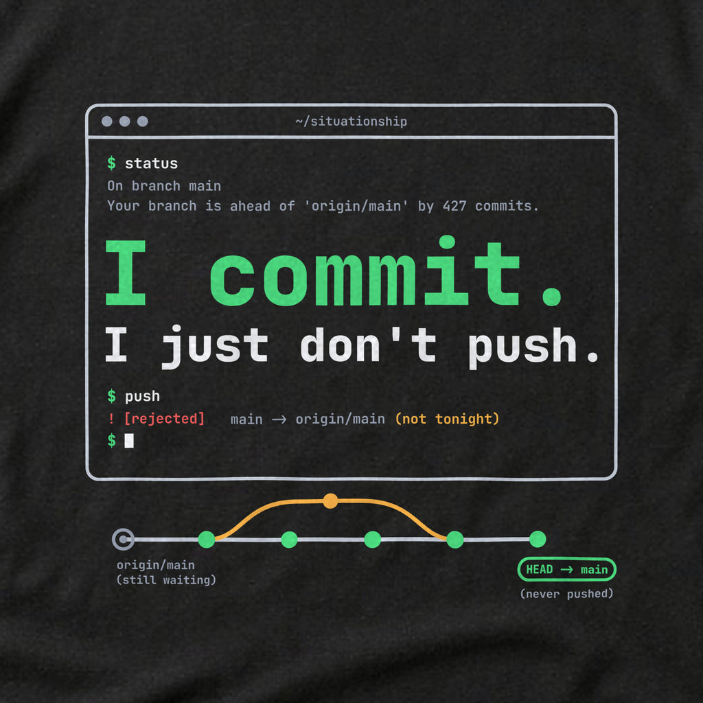 Close-up of the 'I commit. I just don't push.' print on a black t-shirt