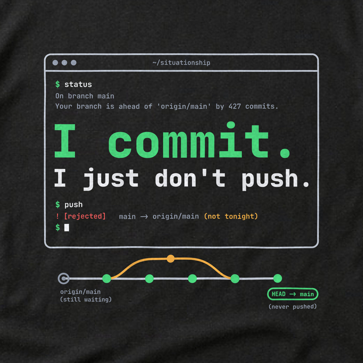 Close-up of the 'I commit. I just don't push.' print on a black t-shirt