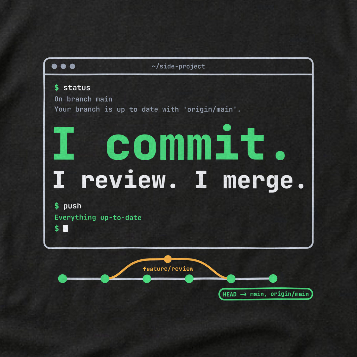 Close-up of the clean version print 'I commit. I review. I merge.' on a black t-shirt