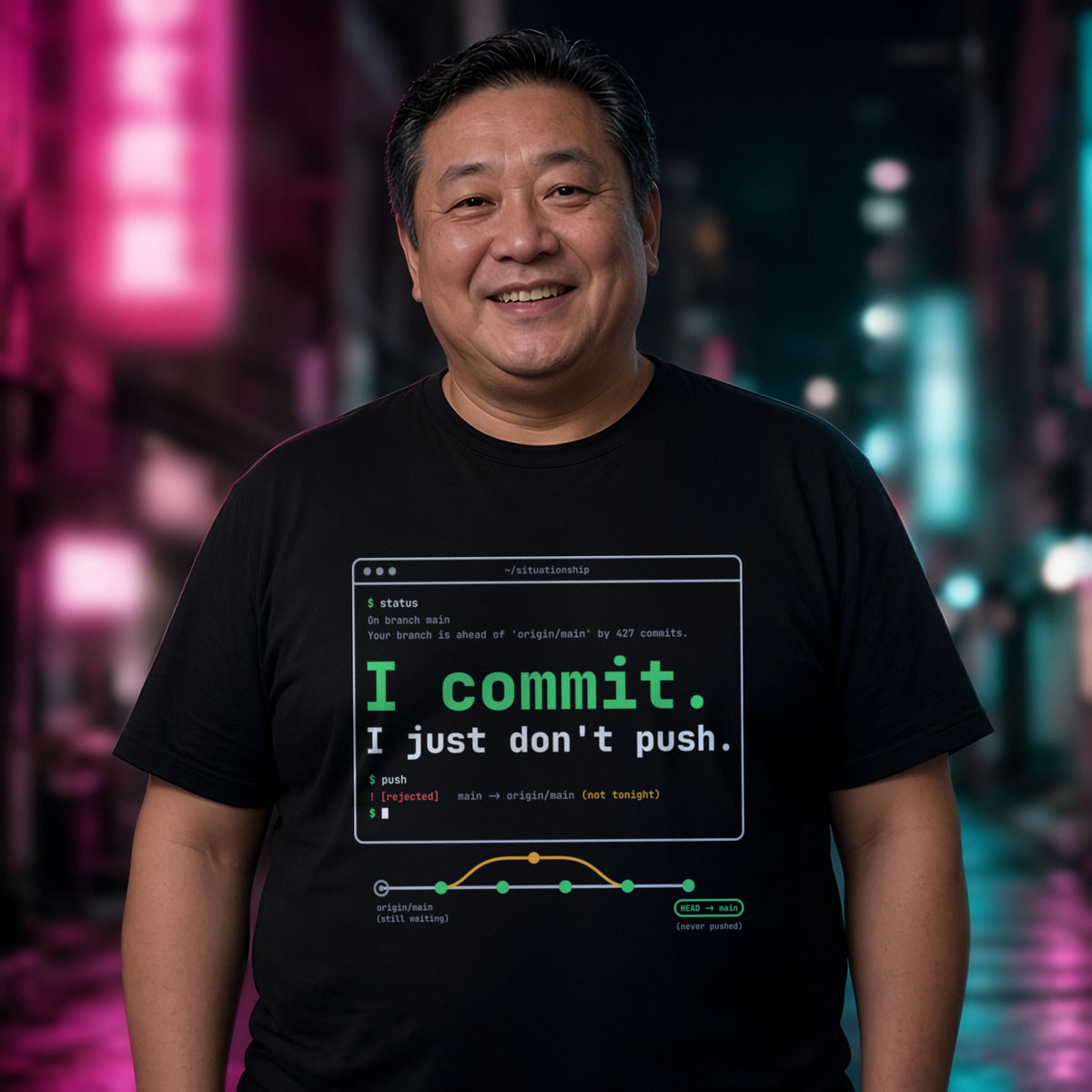 Man wearing a black t-shirt printed with 'I commit. I just don't push.' (Spicy version), in a city laneway. Model image is digitally generated. The print shown is the actual design; colours and fit may vary slightly, see size chart.