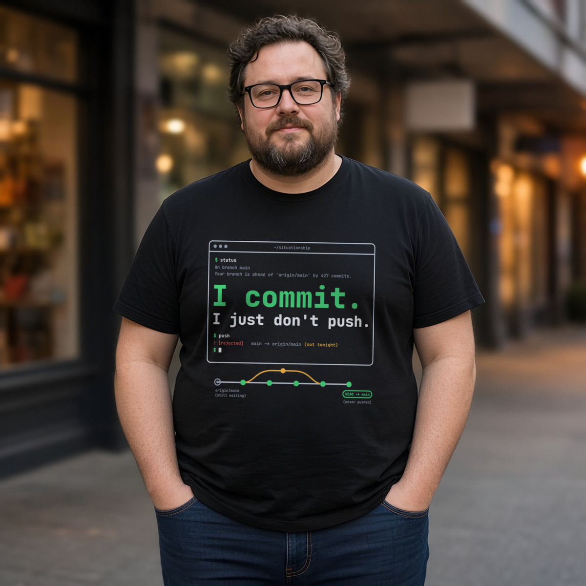 Man wearing a black t-shirt printed with 'I commit. I just don't push.' (Spicy version), on a street at dusk. Model image is digitally generated. The print shown is the actual design; colours and fit may vary slightly, see size chart.