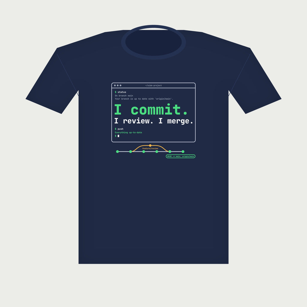 I Commit. I Review. I Merge. Terminal Tee in Navy, flat lay