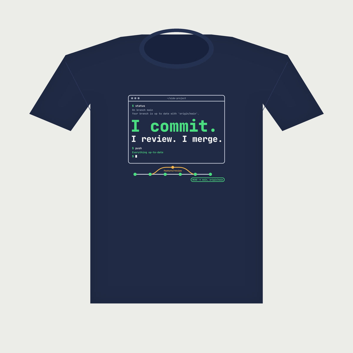 I Commit. I Review. I Merge. Terminal Tee in Navy, flat lay