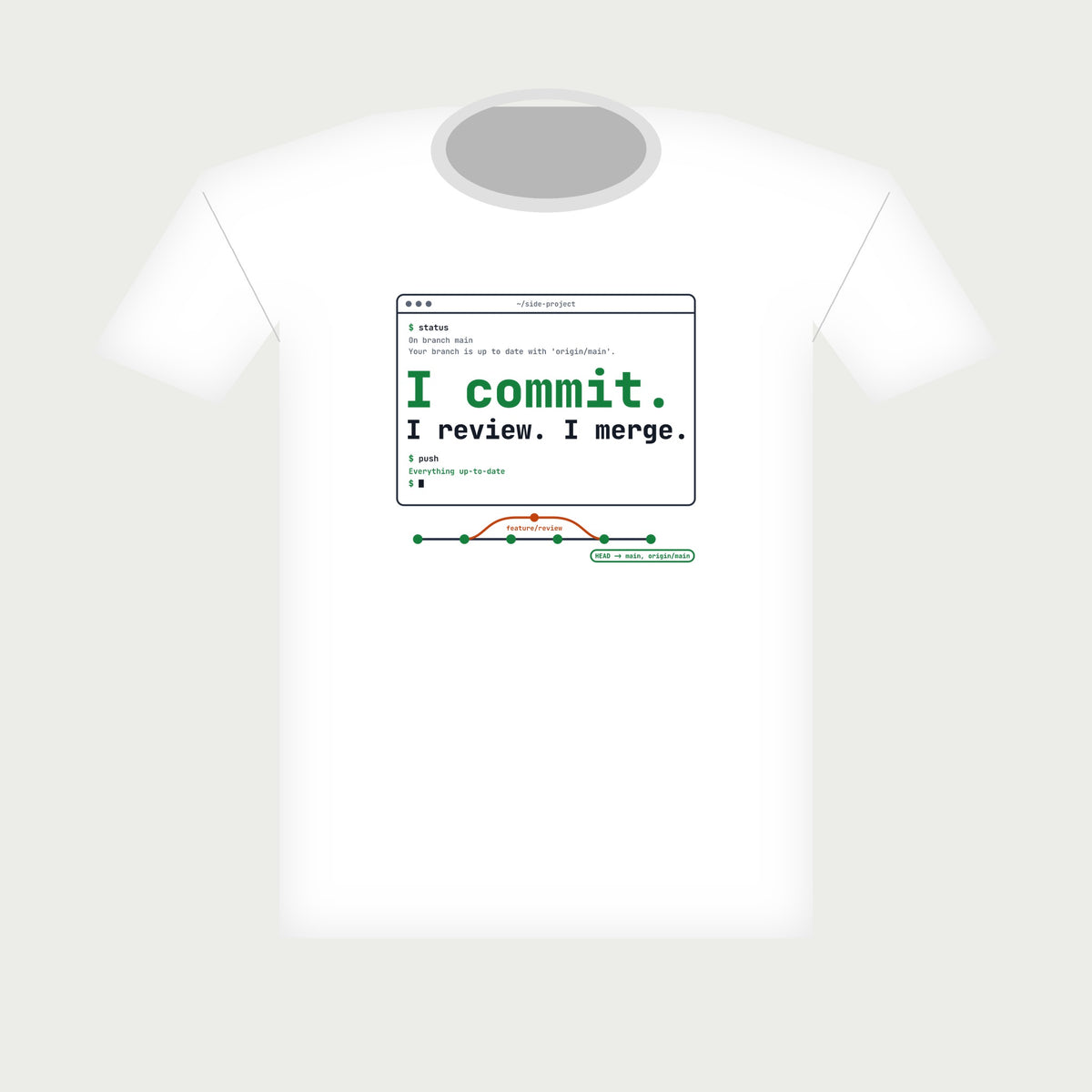 I Commit. I Review. I Merge. Terminal Tee in White, flat lay