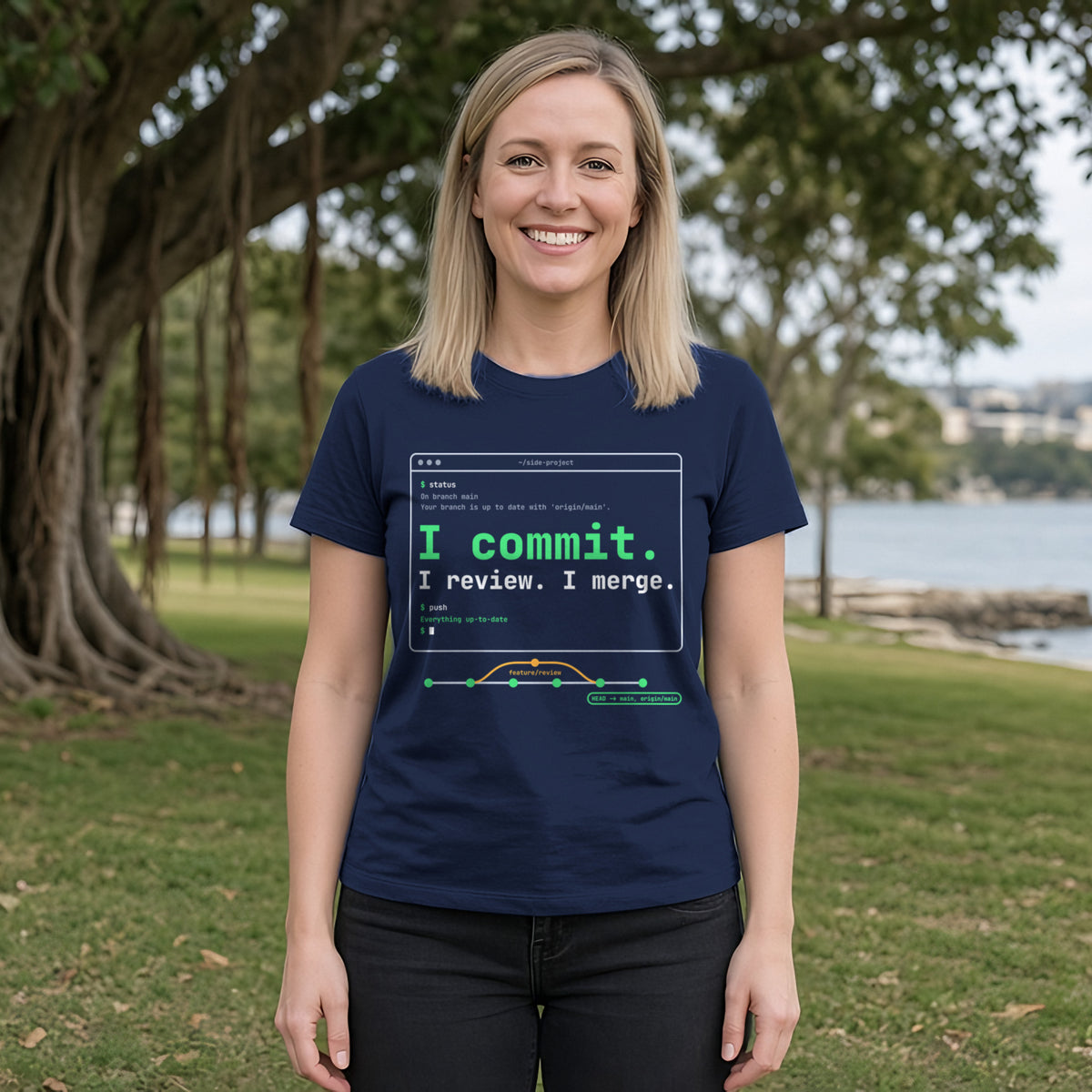 I Commit. I Review. I Merge. Terminal Tee in Navy, worn by a model