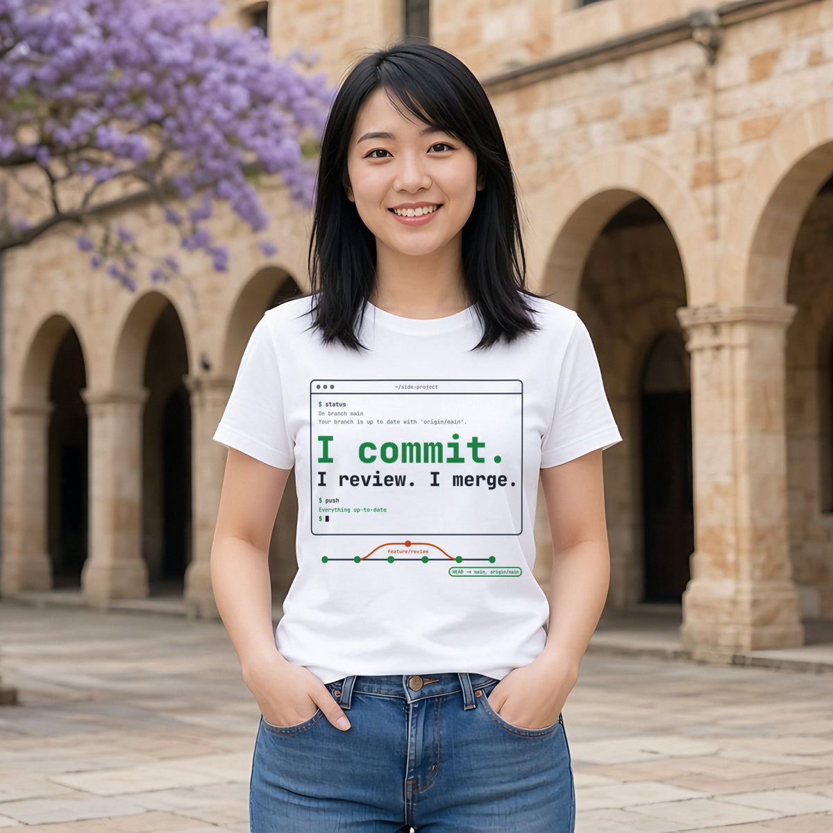 I Commit. I Review. I Merge. Terminal Tee in White, worn by a model