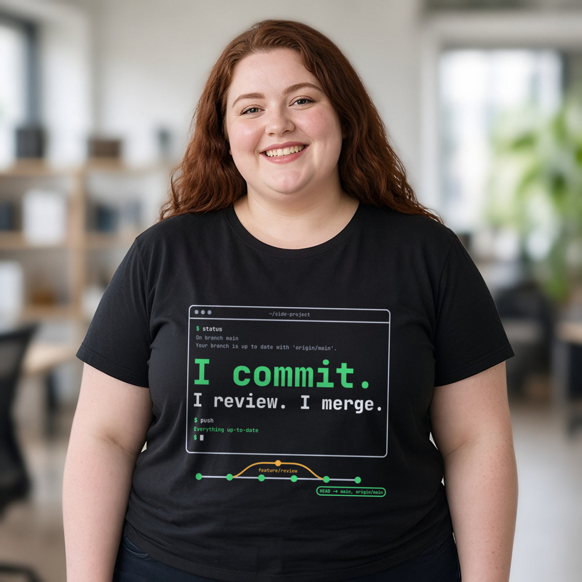 Woman wearing a black t-shirt printed with 'I commit. I review. I merge.' (clean version), in a co-working space. Model image is digitally generated. The print shown is the actual design; colours and fit may vary slightly, see size chart.