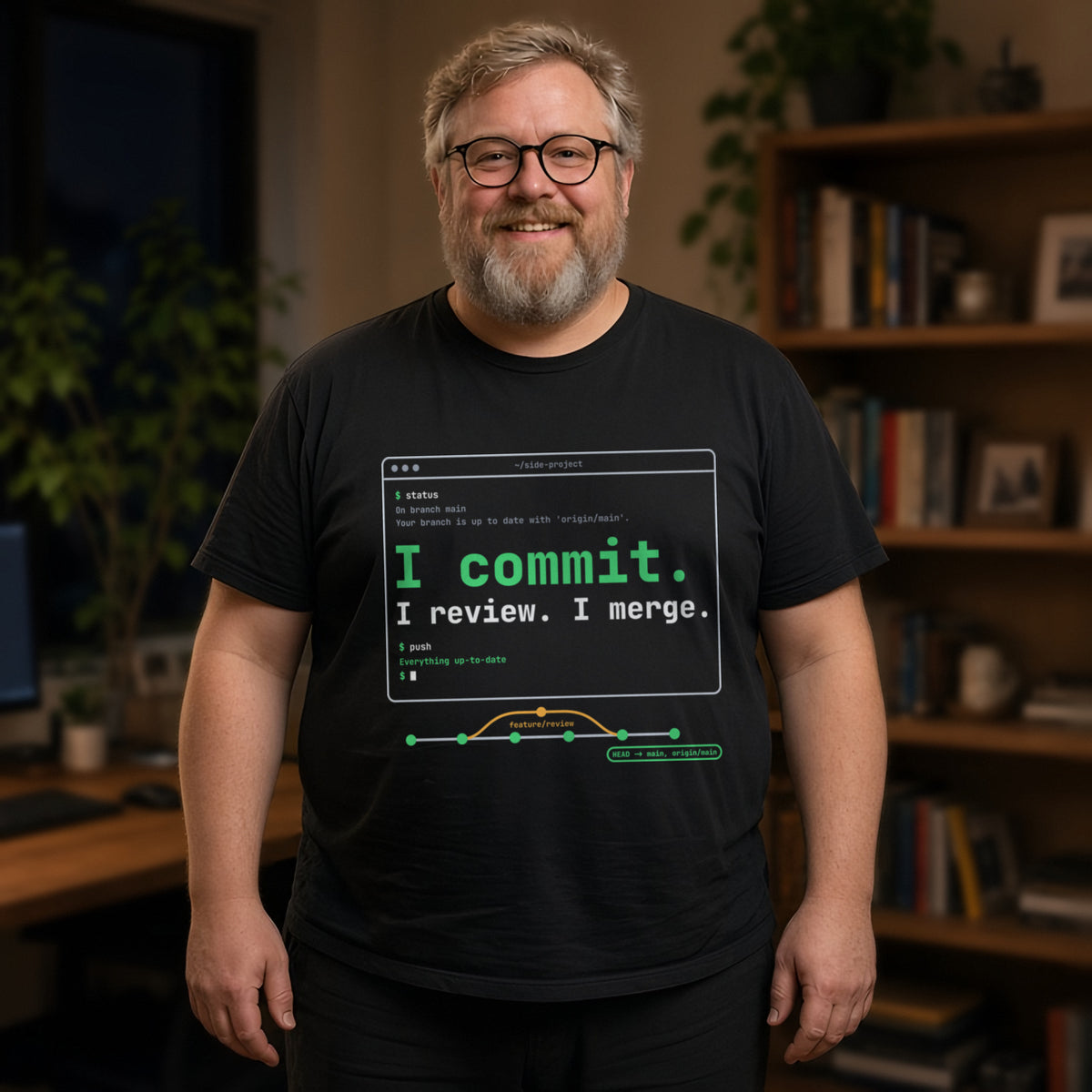 Man wearing a black t-shirt printed with 'I commit. I review. I merge.' (clean version), in a home office. Model image is digitally generated. The print shown is the actual design; colours and fit may vary slightly, see size chart.
