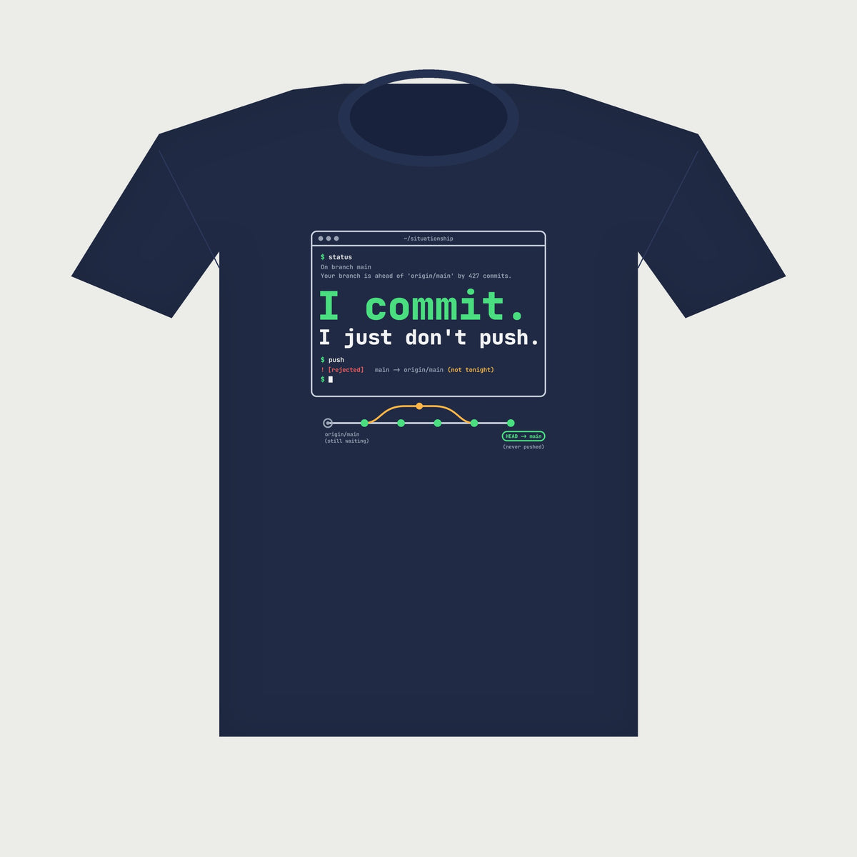 I Commit. I Just Don't Push. Terminal Tee in Navy, flat lay