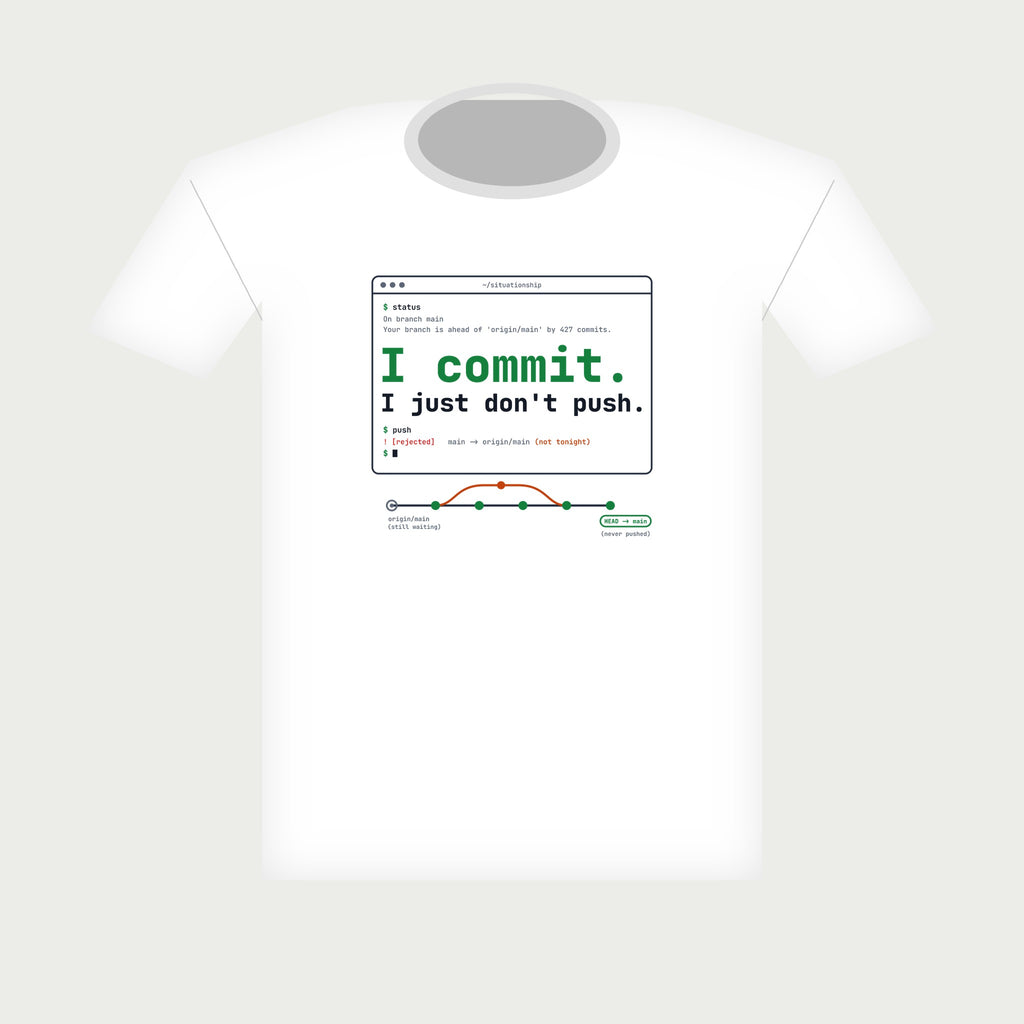 I Commit. I Just Don't Push. Terminal Tee in White, flat lay