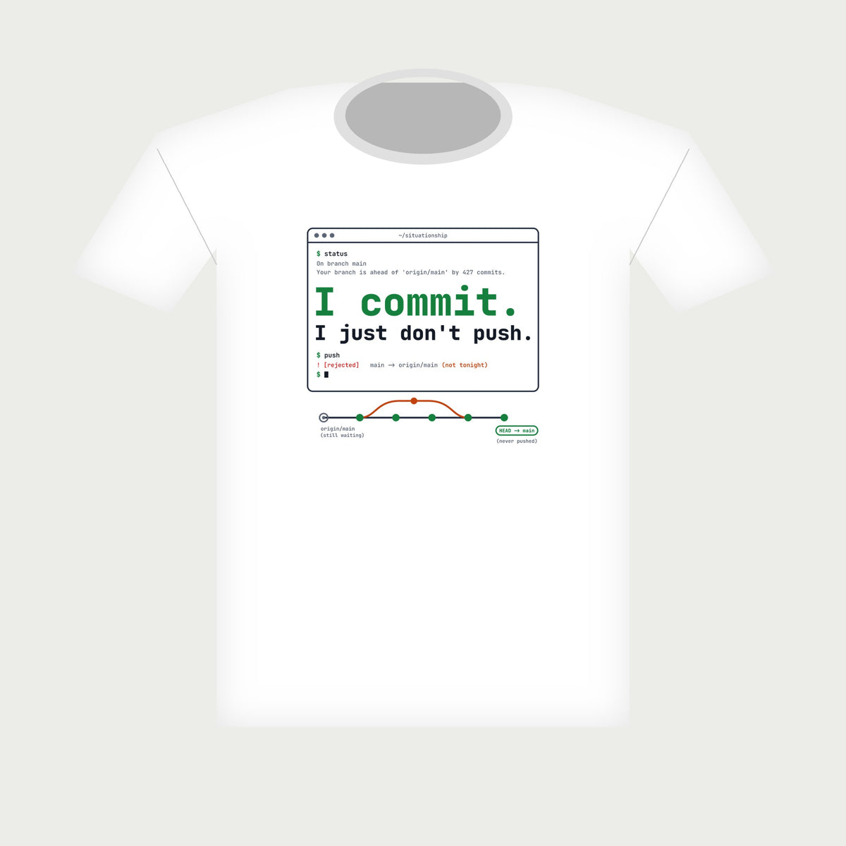I Commit. I Just Don't Push. Terminal Tee in White, flat lay