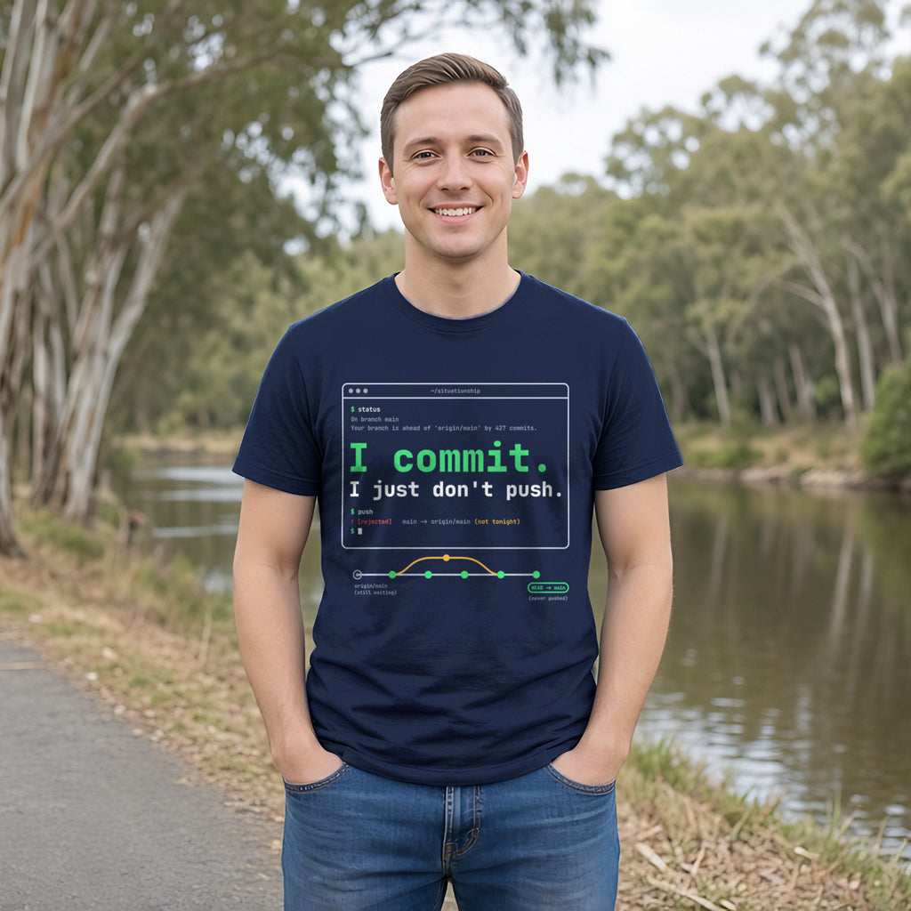 I Commit. I Just Don't Push. Terminal Tee in Navy, worn by a model