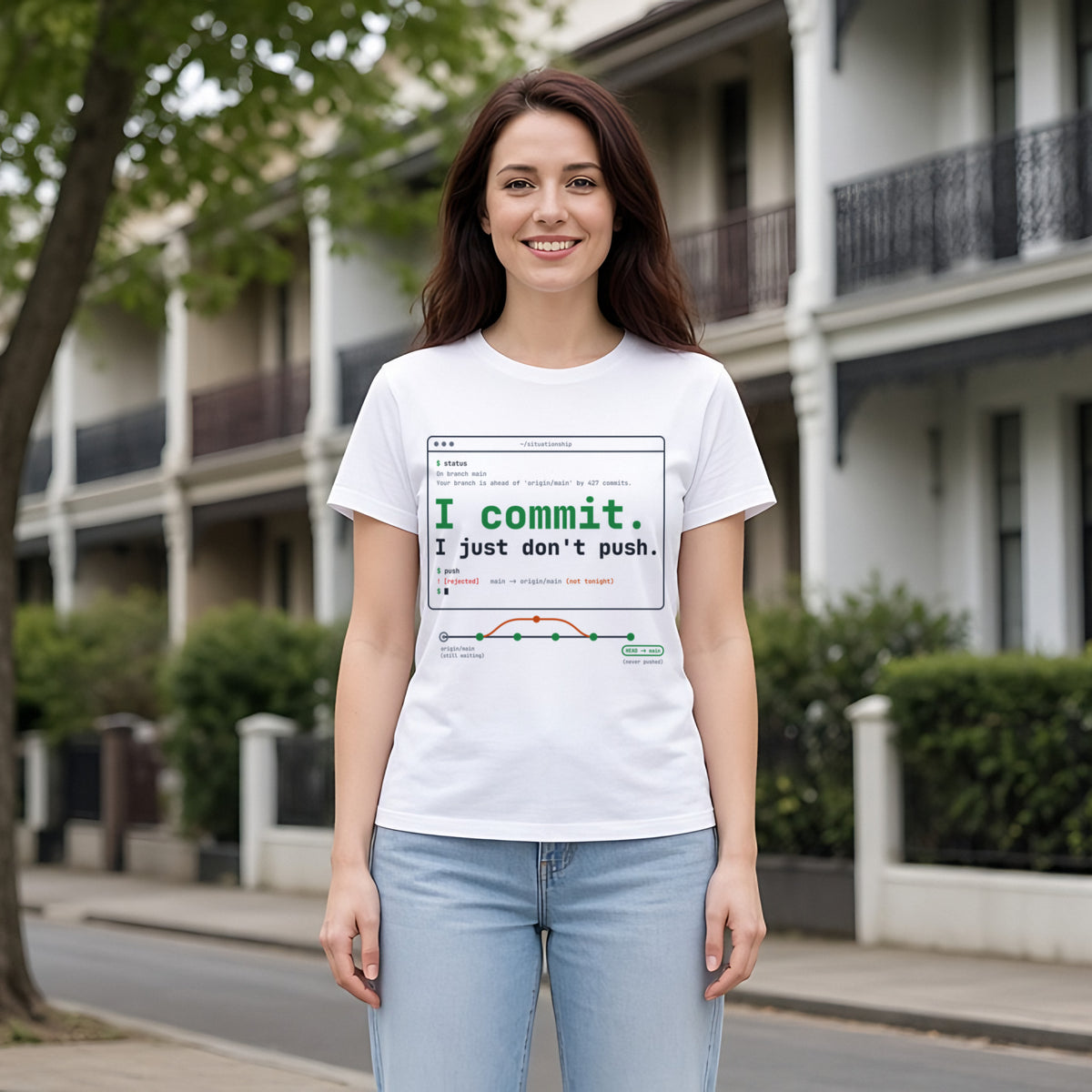 I Commit. I Just Don't Push. Terminal Tee in White, worn by a model