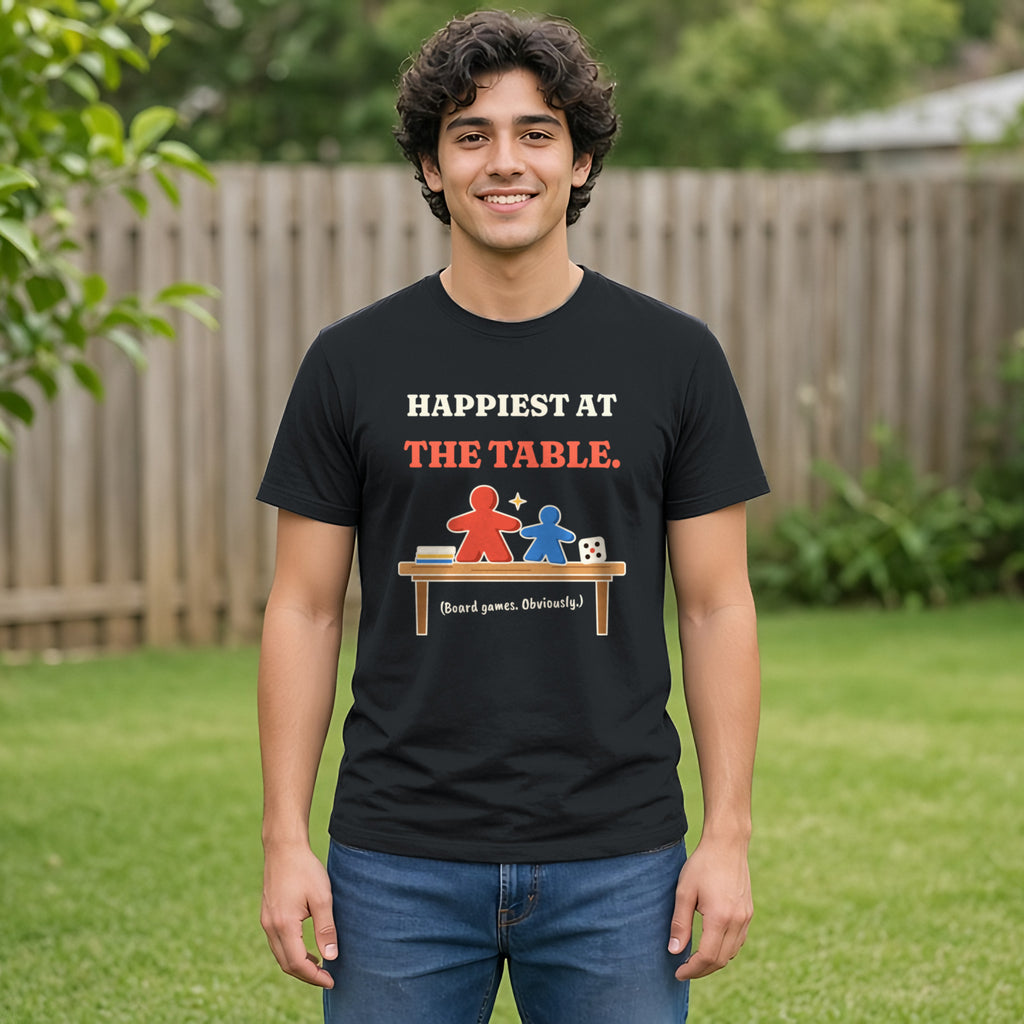 Happiest at the Table Board Game Tee in Black, worn by a model