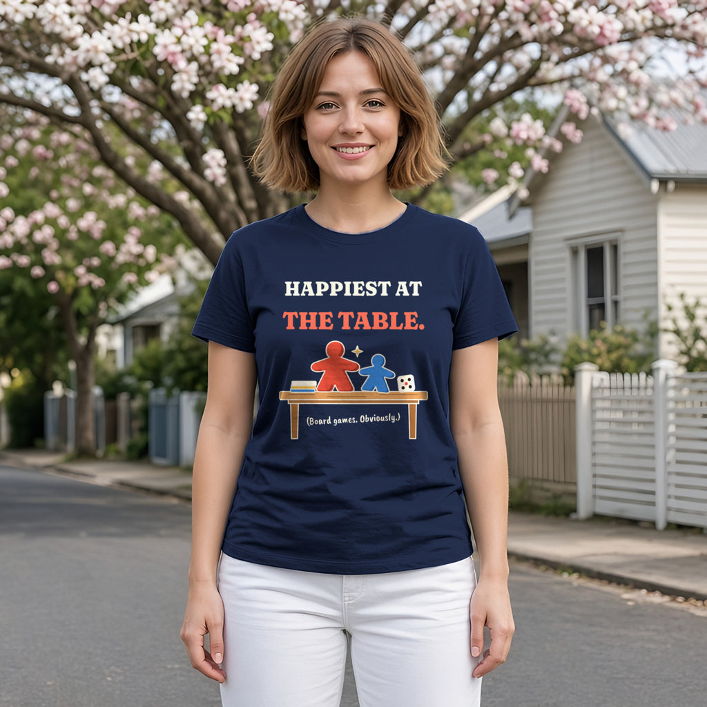 Happiest at the Table Board Game Tee in Navy, worn by a model