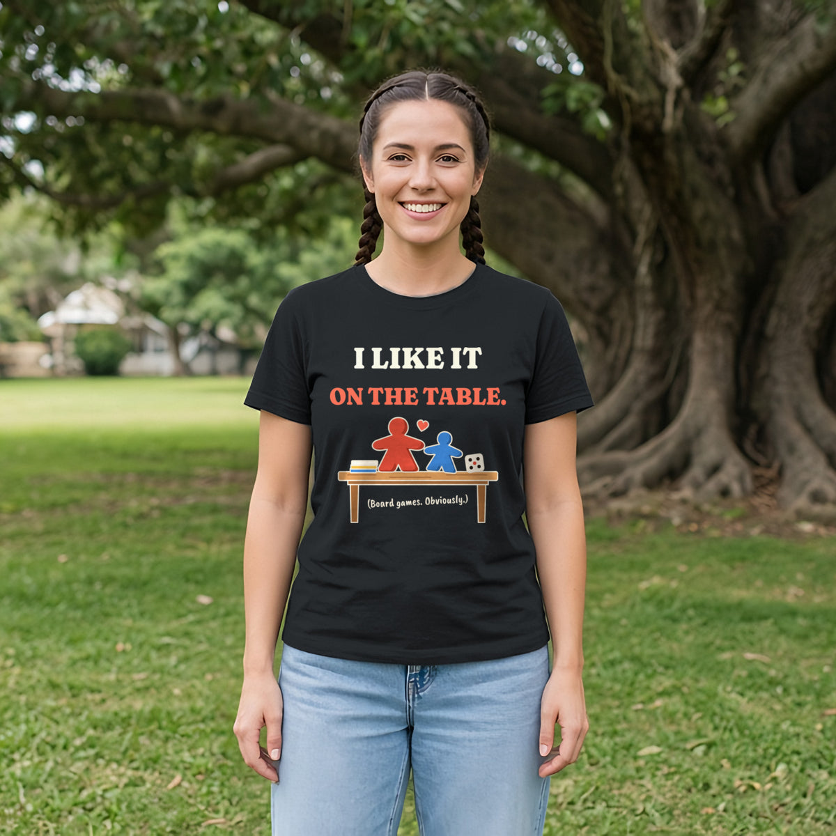 I Like It on the Table Board Game Tee in Black, worn by a model
