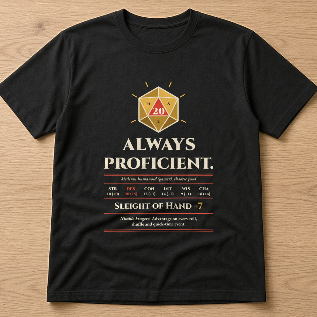 Black t-shirt, flat lay, printed with the clean version: 'Always proficient. Sleight of Hand +7'