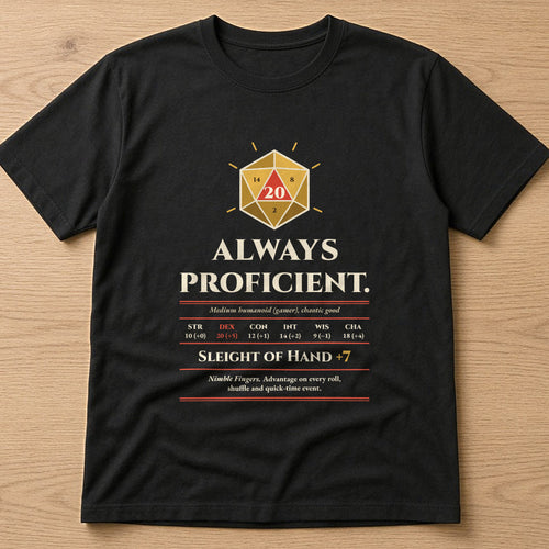 Black t-shirt, flat lay, printed with the clean version: 'Always proficient. Sleight of Hand +7'