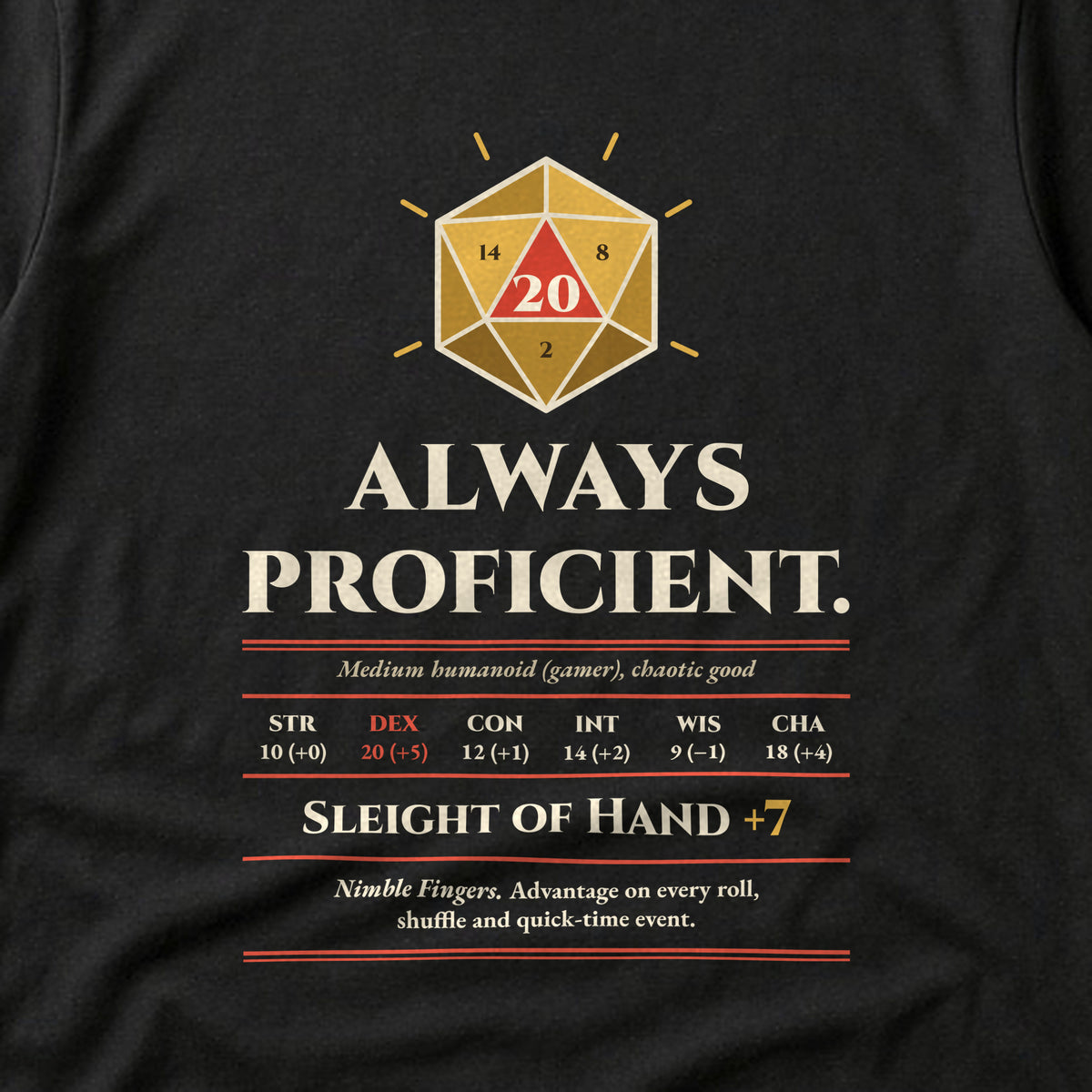 Close-up of the clean version print 'Always proficient. Sleight of Hand +7' on a black t-shirt
