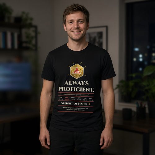 Man wearing a black t-shirt printed with 'Always proficient. Sleight of Hand +7' (clean version), at a coding desk. Model image is digitally generated. The print shown is the actual design; colours and fit may vary slightly, see size chart.