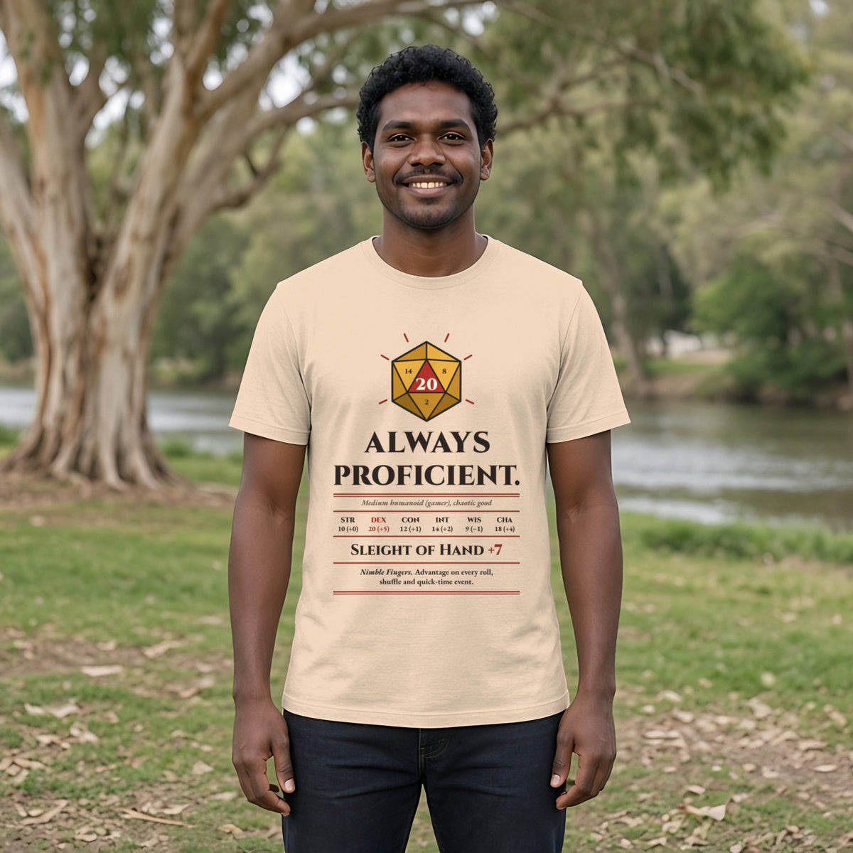 Always Proficient Sleight of Hand +7 Tee in Natural, worn by a model